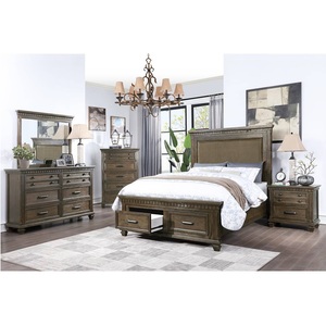 Juego de Muebles de Dormitorio Rústicos en Color Marrón con Cabecera Tapizada, Cama con Almacenamiento, Cómoda, Mesita de Noche, Cajonera y Espejo - Product Image 1