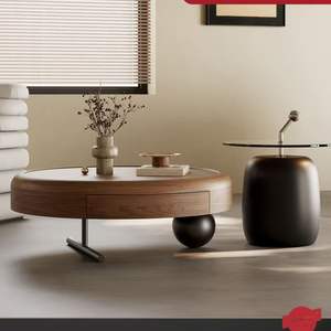 Italian Style Solid Wood Round Coffee <b>Table</b> <b>Set</b> With <b>Side</b> <b>Table</b> For Small Apartments And Living Rooms - Product Image 2