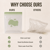 Sac refermable personnalisé en PE transparent sans BPA pour biscuits, avec soufflet de fond et fermeture sonore