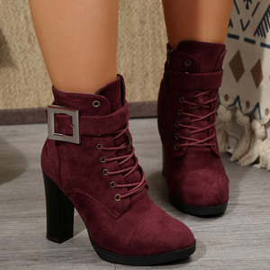 Bottines d'hiver pour femme en coton <span class=keywords><strong>bleu</strong></span> <span class=keywords><strong>marine</strong></span> à bout pointu, talon épais, à lacets, avec boucle, antidérapantes, soutien de la voûte plantaire, style habillé - Product Image 2