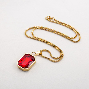 Collar con Colgante de Moda, Cadena Dorada, Cristal Rojo Hexagonal, Joyería Geométrica para Hombre, Regalo - Product Image 1