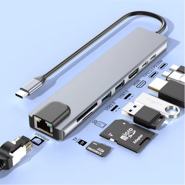 8 in 1 Aluminum Alloy USB-C Hub Splitter USB3.0 Data Docking Station 87W Type-C Adapter for Computer Laptop