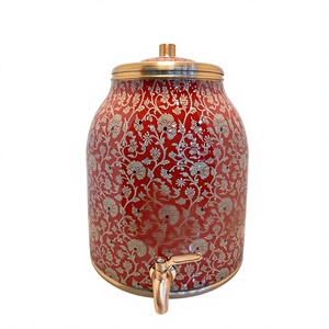 Royal Red Floral Printed Pure <b>Copper</b> Water Dispenser Tank 13L Luxury Golden Jaal Pattern Matka Leakproof Water Camper with Tap - Product Image 1