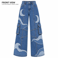 Jeans en denim à jambes larges pour femmes, personnalisés, avec patchwork, appliques, multi-poches, pantalon cargo pour le streetwear