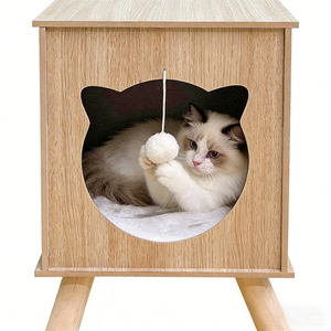 Mobilier pour chats en bois : Condo pour chat d'intérieur fermé, type table de <span class=keywords><strong>chevet</strong></span>, avec boule suspendue et coussin moelleux, multifonction - Product Image 3
