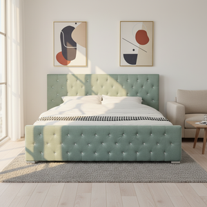 Testiera Moderna in Lino <span class=keywords><strong>Verde</strong></span> con Dettagli Dorati, <span class=keywords><strong>Letto</strong></span> Imbottito Queen/King Size con Robusto Supporto a Doghe per Camera da <span class=keywords><strong>Letto</strong></span> - Product Image 1