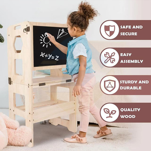 Tabouret d'apprentissage 3-en-1 pour enfants et tout-petits, chaise d'escalade avec tableau effaçable, en bois massif, réglable, pour cuisine - Product Image 1