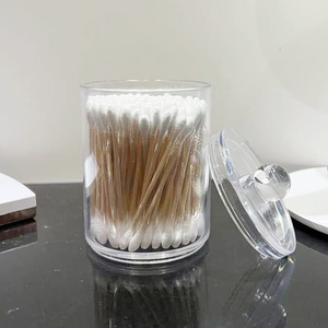 Petite boîte de rangement ronde en plastique PS transparent pour cotons-tiges et disques démaquillants, avec couvercle anti-poussière pour bureau. - Product Image 1