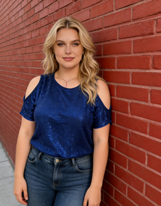 Chemisier de fête décontracté pour femme grande taille, bleu roi uni à sequins, à épaules dénudées, col rond, manches courtes, coupe ample, pour l'été - Product Image 2