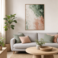 Peinture abstraite texturée verte et rose sur toile encadrée, grande décoration murale nordique moderne pour salon, cadeau pour la maison