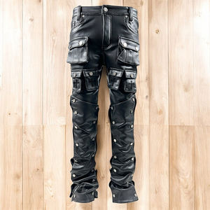 DiZNEW celana kulit Streetwear kustom Y2k celana hitam saku Mini pria - Product Image 1