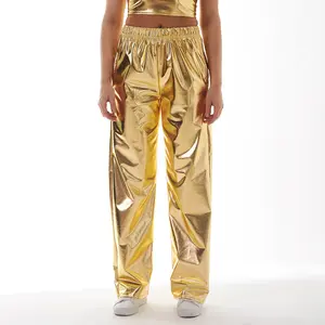 King Mcgreen star Fashion Women Shiny hot gold Straight leg pants Casual high waist Metallic trousers Streetwear club outfits
