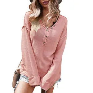 Elegant button v-neck pullover women Casual long sleeve women's sweater autumn Office lady fashion loose solid jumper Casual