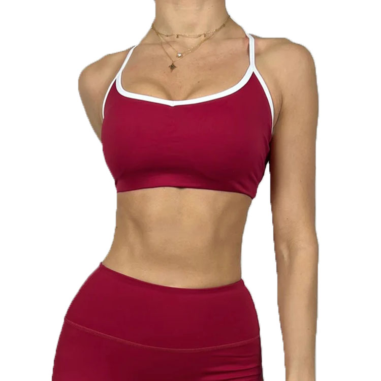 Four Way Stretch Printed Nylon Tank Top OEM Contrasting Colors Sweetheart Neck Sports Bra With Crisscross Back Straps