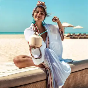 Benutzer definierte Chiffon V-Ausschnitt Flare Sleeve Maxi kleid Böhmen Badeanzug Sexy Beach Wear Bikini Cover Up Kimono