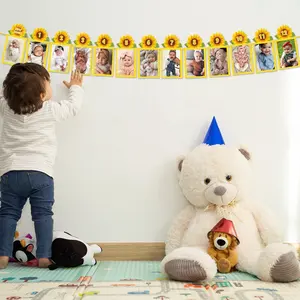 Happy Birthday Photo Banner For Newborn Photograph Bunting First Birthday Celebration Paper Photo Frame Banner Flag Wall