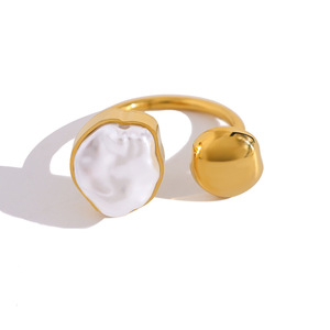 Haomi-Bague ouverte vintage en acier inoxydable plaqué or 18 carats, perle baroque <span class=keywords><strong>panachée</strong></span> imperméable pour femmes, mariage - Product Image 5