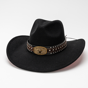 Chapeau de <span class=keywords><strong>cowboy</strong></span> western vintage avec bandeau en cuir à rivets tête de taureau, chapeau rétro en feutre à large bord pour la <span class=keywords><strong>musique</strong></span> <span class=keywords><strong>country</strong></span> et les fêtes - Product Image 1