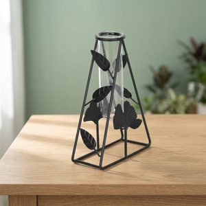 Vase de table industriel en fer avec tube en verre, hauteur 20 cm, motif feuille noire, support décoratif pour fleurs - Product Image 6