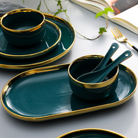 Service de Table en Céramique Vert Doré de 18 Pièces en Gros, Comprenant Bols à Soupe Ronds et Assiettes, Vaisselle en Porcelaine pour la Maison ou la Restauration