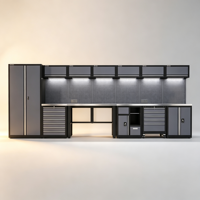 Ensemble de 7 meubles de garage directement de l'usine avec armoire haute, chariot mobile, établi, panneau perforé et éclairage LED