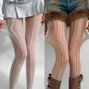 Brown Retro-Style Hollow Lace Fishnet Stockings With Vertical Stripes 15D Sheer Pantyhose For Women Youth Fashion - Product Image 2