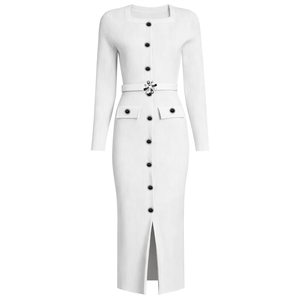 KD2402 Abito di Alta Qualità all'Ingrosso con Scollo Quadrato, Maniche Lunghe, <span class=keywords><strong>Bottoni</strong></span> con Strass, <span class=keywords><strong>Vestito</strong></span> Maglione alla Moda da Donna con Cintura - Product Image 3