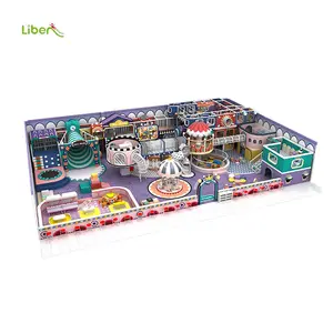 Playground interno de plástico para crianças, parque infantil de segurança com tema Macaron e merry-go-round, tema para crianças, Liben