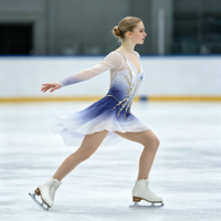 Robe de patinage et de danse pour enfants et adultes, dégradé bleu et blanc, maille transparente, manches longues, garniture en strass dorés, pour compétition et spectacle de patinage sur glace