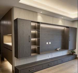 <b>Grey</b> Wooden TV <b>Cabinet</b> with LED Lighting Storage Shelves Doors and Drawers Wall Mounted for Living Room Furniture - Product Image 3