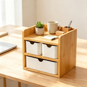 Bamboo Fiber Double Layer Desktop Storage <b>Box</b> With Drawers Cosmetic Organizer For <b>Makeup</b> And Office Supplies - Product Image 2