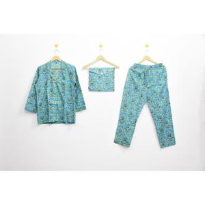 Conjunto de Bata de 3 Piezas para Mujer, Estampado a Mano, Patrón Geométrico, Algodón y Fibra de Bambú, Manga Larga, Ropa de Dormir Informal de Verano - Product Image 1