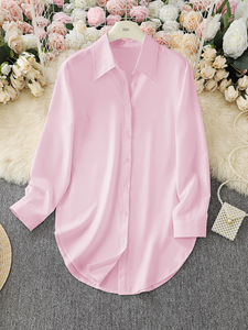 Chemise décontractée d'été pour femmes, respirante, coupe ample, manches longues, unie, simple, douce, tendance, ourlet fendu, surdimensionnée, chemisier de travail OL - Product Image 4