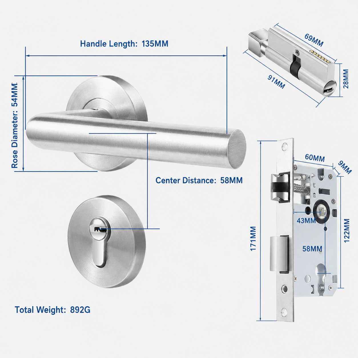 Serrure fendue à angle droit de type A - corps de serrure 58