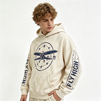 Sweat-shirt à capuche épais vintage délavé avec imprimé graphique biplan, couleur ivoire, effet soleil délavé et vieilli, style streetwear