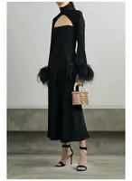 2022 Dress High 16ARLINGTON Wholesale Custom 2022 Spring Women Black Ostrich Feather Trimmed Solid Color Formal Flare Sleeve Party Evening Dress
