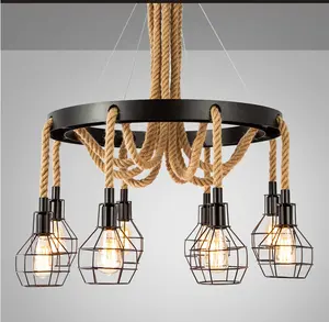 Attic retro industrial style hemp rope chandelier personality creative living room bedroom pendant light