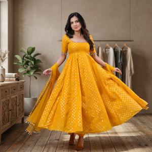 Presentamos la Nueva Colección de Diseñador: Conjunto de Vestido y Dupatta de Chanderi Jacquard Butti para Mujer, con Bordado Completamente Cosido, Ideal para Diwali - Product Image 1