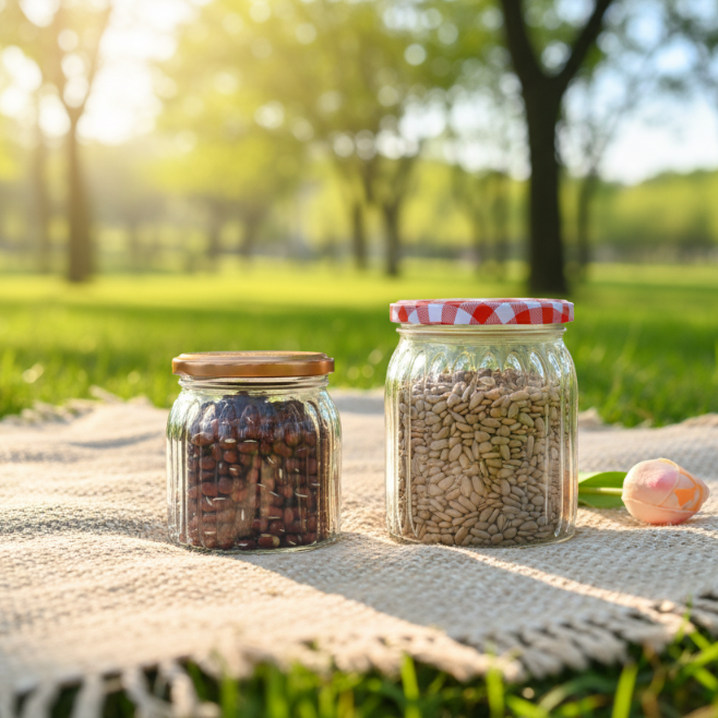 High Quality Vertical Striped Glass Jar with sealed Metal Screw Cap for Storing Jam Honey Oats and Dry Goods in the Kitchen