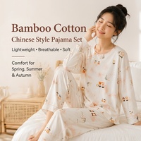 Ensemble pyjama en fibre de bambou pour femmes, style chinois, manches longues, pantalon long, col rond, respirant, vêtements de détente fins, printemps automne, vêtements de maison