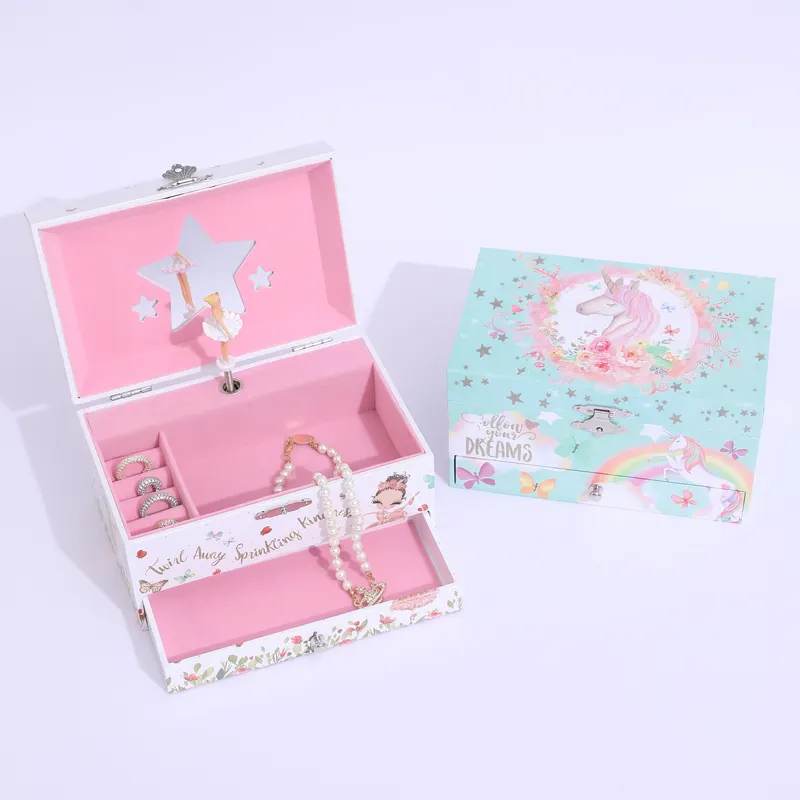 Caja Musical de madera con forma de unicornio para niñas y niños, joyero de madera con diseño de bailarina, regalo para niños