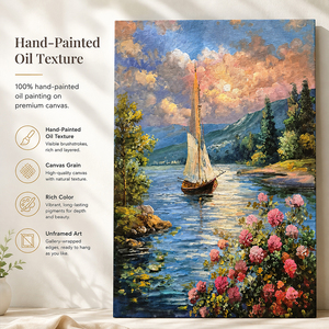 Peinture à l'huile sur toile peinte à la main : Coucher de soleil sur la baie du jardin d'hortensias en pente, fleurs fuchsia, voiles blancs, montagnes lointaines - Product Image 2