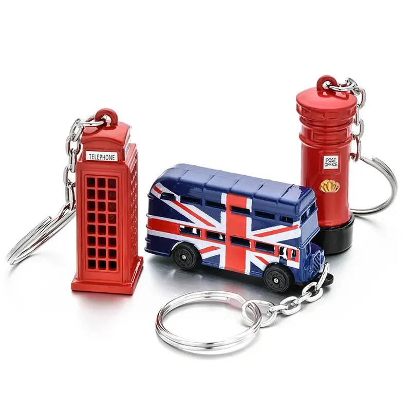 Hadiah Promosi UK klasik logam 3D Mini merah London kotak Stan telepon gantungan kunci inggris merah ganda Bus lucu Souvenir gantungan kunci