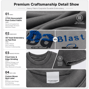 275G Heavyweight Cotton T-Shirt Men 3D Towel Embroidery Vintage Acid Wash Oversized Streetwear Short Sleeve Tee Custom OEM - Product Image 6
