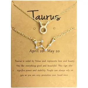 Astrology Horoscope Star12 Zodiac Sign Pendant Necklace Zircon Bracelet 2-Piece Choker Necklace Set