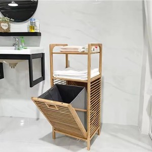 Cesto de ropa de bambú con gabinete de 33x15x85cm, doble capa con estante y asas para colgar ropa, organizador de ropa para lavandería. - Product Image 2