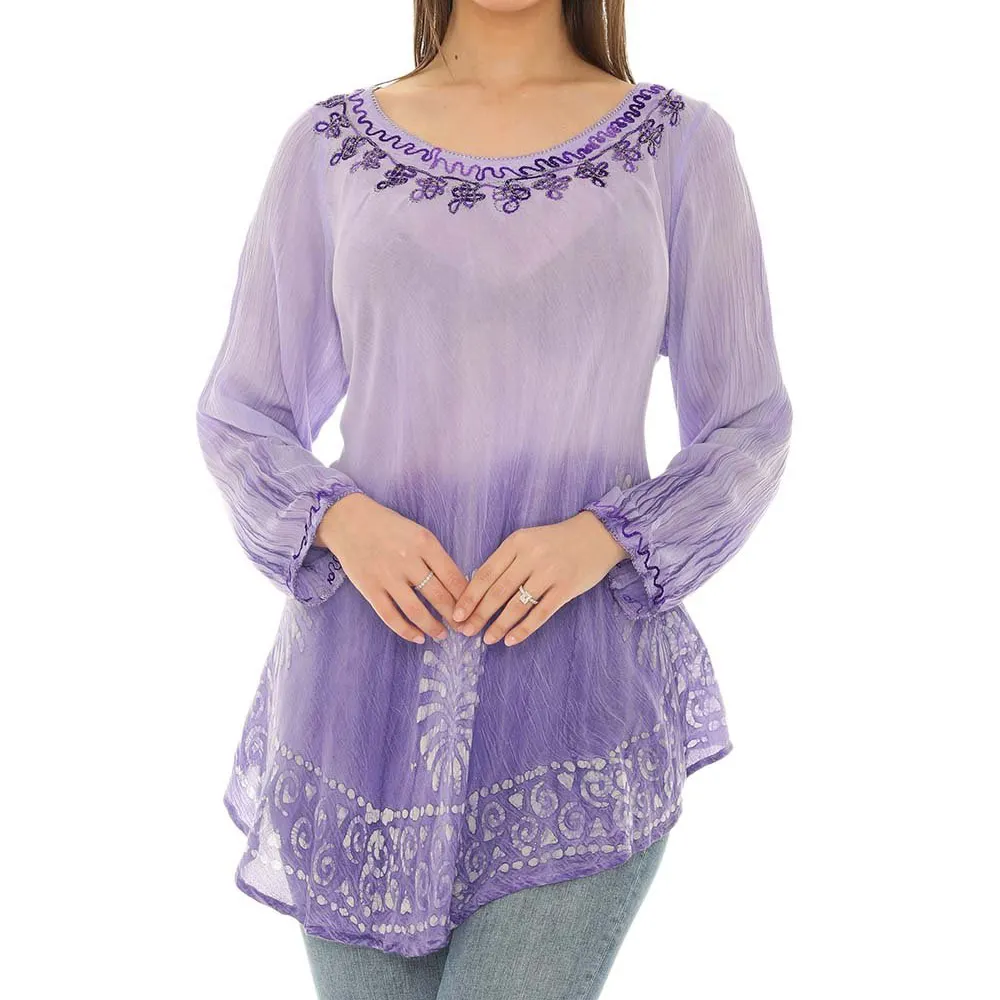 OEM Bohemian Style Women Tie Dye Long Sleeve Scoop Neck Tunic Geometric Embroidered Rayon Top STB9099A