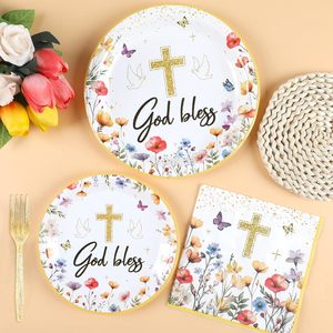Assiettes et serviettes de fête pour baptême, décorations de baby shower avec croix dorée, colombe blanche et motifs floraux, assiettes à dessert pour fête - Product Image 2