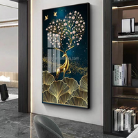 Peinture Murale Décorative en Verre Artistique Cerf Doré et Arbre Doré au Design Moderne, Tableau de Luxe en Porcelaine Cristalline pour la Maison