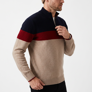 OEM Custom Mens 100% Merino Wool Long Sleeve Casual <b>Pullover</b> Sweater Color Block <b>Pullover</b> <b>Jumper</b> Quarter Zip Sweatshirt - Product Image 1
